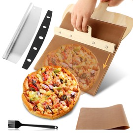 4Pcs 12inch Sliding Pizza Peel, Non-Stick Pizza Peel Slider with Handle,Sliding Pizza Shovel for Pizza Ovens,Tray Transfer Easy Slide Pizza Peel Set Board with Cutter Brush