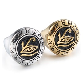 INRENG Men's Stainless Steel Egypt Eye of Horus Ring Round Top Signet Protection Symbol Jewelry, Gold Black Size 11