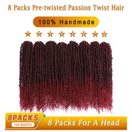 Nice One Pre-Twisted Passion Twist Hair 18 Inch, Long Passion Twist Crochet Hair for Women 8 Packs Pre-Looped Ombre Red Passion Twists Braiding Synthetic Hair Extensions (18 Inch (Pack of 8), TBUG)