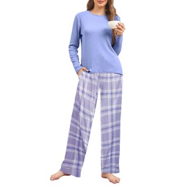 Famulily Womens Loungewear Set 2 Piece Round Neck Long Sleeves Top Plaid pj Pants Matching Pajamas Sets Sky Blue S
