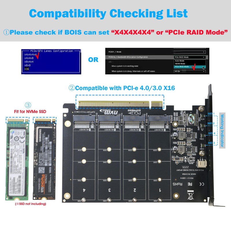 Quad NVMe PCIe Adapter, RIITOP 4-Port NVMe to PCI-e 4.0/3.0