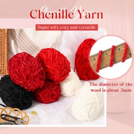 Timgle 8 Skein 1575yd Chunky Chenille Yarn for Crocheting, Fluffy Velvet Yarn Crochet, Soft Plush Chunky Stuff for Hand Knitting Blanket, 3.5oz(Creamy White, Bright Red, Second Red,Black)