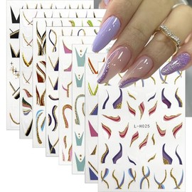 French Tip Nail Stickers 8 Sheets 3D Self-Adhesive Gold Glitter Lines Nail Art Stickers Colorful Waves Curve Strips Nail Design Decals Acrylic Nail Art Supplies for Women DIY French Nail Tips