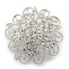 Clear Crystal Filigree Floral Brooch In Rhodium Plating - 43mm