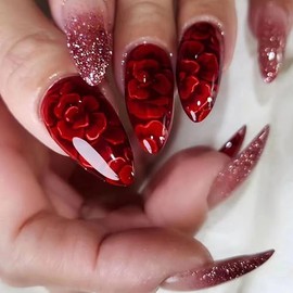 Red Press On Almond Acrylic Ombre Glue On Rose Full Cover Artificial Glitter False Wedding Stick On Nails for Women - 24 Pcs