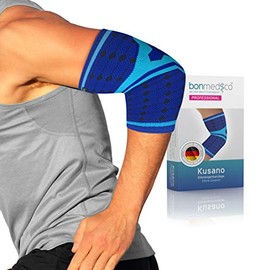 bonmedico Professional Kusano Elbow Bandage - Unisex Elastic Compression Support for Joint & Muscle Comfort, Stability Sleeve, Breathable Knit (Left/Right Arm, Blue, Size S)