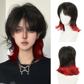 Salaibs Black Red Mullet Wig for Women Shoulder Length Layered Shaggy Wig with Bangs Synthetic Full Wigs for Cosplay Daily Party Use