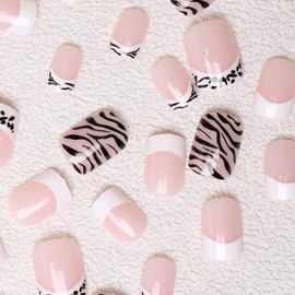 24PCS Press on Nails Short Square White French Zebra Pinto Nails Tips Designs Acrylic Nails Stick on Nails with Designs Glossy French Glue on Nails for Women and Girls DIY Nail Decorations