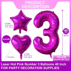 Laser Pink Number 3 Balloons 40 Inch Giant Hot Pink Sweet 3 Helium Balloons for Girls 3st Birthday Party Supplies 3st Anniversary Events Decorations