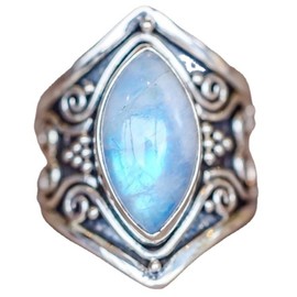 Vintage Silver Ring Natural Moonstone Women Jewelry Elegant Gemstone Wedding Ring (White, 8)