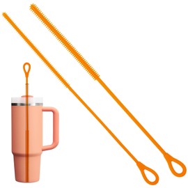 Cabipeove 2Pcs Silicone Straw Cleaner Brush, 9.84in Reusable Straw Cleaner with Bendable Steel Core, Extra Long Soft Bottle Brush for Clearing Glass Straws, Smoothie Straws, 9mm&6mm (Orange)