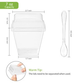 Qeirudu 50 Pack 7 oz Dessert Cups with PET Lids and Spoons, Mini Plastic Yogurt Parfait Cups Square Party Serving Cup for Banana Pudding, Appetizer, Fruit and Ice Cream