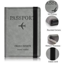 Shirene Passport Holder Travel Wallet Passport Cover Travel Document Holder PU Leather RFID Blocking with Card Slot & Elastic Strap Passport Cover Id Card Cover Passport Covers for Women and Men Grey