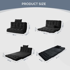 MAXYOYO Bean Bag Bed Tufted Folding Sofa Bed with Pillows Floor Mattress for Adults, Extra Thick and Long Floor Sofa, Twin Floor Couch Bed for Bedroom Living Room, Black, 39x91 Inch