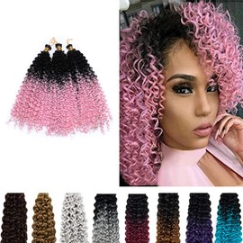 Hairro 14 Inch Marlybob Crochet Hair Ombre Water Wave, Synthetic Hairpieces Deep Wave Braiding Hair, Weave Extensions Afro Jerry Curl Twist Braids for Black Women, 3 Bundles/Pack 270g Black to Pink