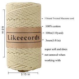 Likeecords Cotton Macrame Cord 3mm x 100m, 3 Strand Twisted, Macrame Rope, Macrame String Cotton Yarn, Macrame Yarn Craft Cord for DIY Crafts Knitting Plant Hangers Christmas Wedding Décor (Beige)