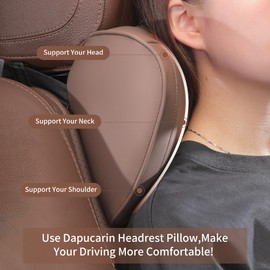 Dapucarin Car Headrest Pillow Memory Foam Breathable Removable Leather Cover Premium Seat Support Head Neck Cushion for Driving Traveling Home Office, Brown, 1 Pack