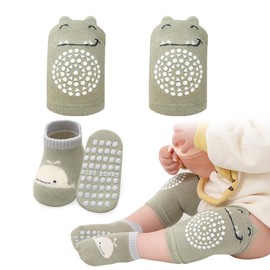 Baby Grip Socks Knee Pads Set, Cotton Grippy Socks Non Slip Baby Crawling Knee Pads Sock 6-12 Months Boy