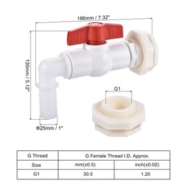 Recogwood G1 Female Ball Valve, 25 mm ABS Ball Valve Barb Connector Spigot Kit, ulkhead Fitting with Ball Valve, Barb Hose Fitting for Aquariums, Tanks, Bathtubs and Pools
