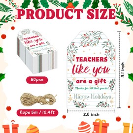 50Pcs Christmas Gift Tags for Teachers Xmas Thank You Cards for Teacher with String Christmas Gift Tag Teacher Paper Tags Labels Idea Santa Xmas School Classroom Party Favors