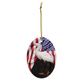 American Flag Themed with Snowy Egret Christmas Ornaments 2025 Oval White Ceramic Wild Animal Lover Gifts