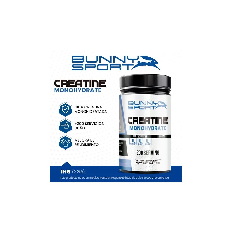 Creatina Monohidratada Bunny 1kg Sabores 200 Servicios