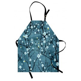 Lunarable Floral Apron, Sakura Tree Branches Pale Japanese Cherry Blossom Spring Form, Unisex Kitchen Bib with Adjustable Neck for Cooking Gardening, Adult Size, Aqua