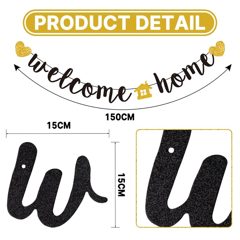 Welcome Home Banner,Black Gold Glitter Pennant Flag Bunting Welcome Home