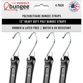 The Perfect Bungee 12" Heavy Duty Polyurethane Bungee Strap, Made in The USA, 4 Pack, Black