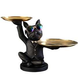 NHSLDP French Bulldog Sculpture Statue,2 Metal Trays,Key Bowl for Entryway Table,Candy Dish, Frenchie Statue for Home Decor, Living Room, Office