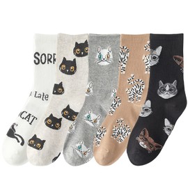Angelteers 5 Pairs Cute Animal Crew Socks Fun Casual Cotton Calf Socks for Women (US, Alpha, One Size, Regular, Regular, Cat)