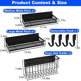 LeoTube 3 Pack Magnetic Shelves and Dryer Ball Holder with 4 Removable Hooks for Washing Machine, Versatile Storage Organizers for Laundry Room Organization, Magnetic Spice Racks for Refrigerator