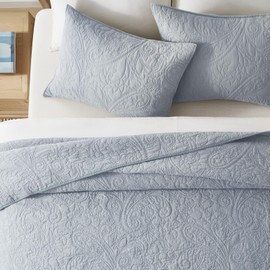 EVERGRACE 100% Cotton Paisley Quilt Set, King Size 3 Piece Set – Prewashed Lightweight Bedspread with 2 Shams, Soft & Breathable Matelasse Coverlet for All-Season Comfort, Pearl Blue