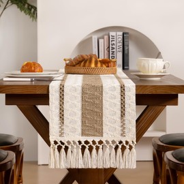 Santaben Brown & Ivory Boho Macrame Table Runner Rustic Farmhouse Woven Cotton Linen Burlap Table Runners with Tassels for Dining & Bedroom Home Decor 12x60 Inches