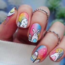 Colorful Easter Press on Nails Square Easter Day Fake Nails with Bunny Easter Egg Designs Full Cover Square Glue on Nails Easter Rabbit Acrylic False Nails Medium Stick on Nails for Women Manicure