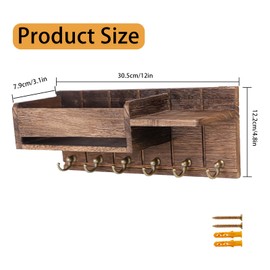 Mulaibdin Key Holder with Shelf, Key Holder Wall Wood, Key Hook Vintage, Key Rack with 6 Hooks for Hallway, Bathroom, Kitchen, Bedroom, Entrance Area