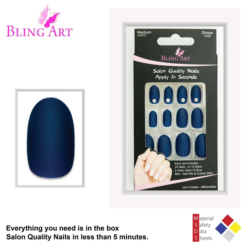 Bling Art False Nails Blue Matte Oval Medium Fake Acrylic