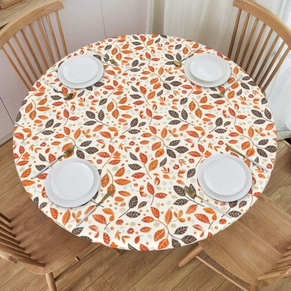 KiuLoam Fall Dark Brown Orange Leaf Round Tablecloth Autumn Thanksgiving