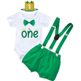 YYDSXK Baby Boy 1st Birthday Outfit, First Birthday Party Outfit and Bodysuit Romper, Braces Shorts, Crown Headband, First Birthday Outfit for Baby Shower, Photo Shoot, Green