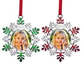 Christmas Photo Ornament Snowflake Photo Frame Hanging Christmas Ornament - Set of 2 Snowflake Picture Ornament for Christmas Tree - Red and Green Snowflake Picture Frame Ornament for Xmas