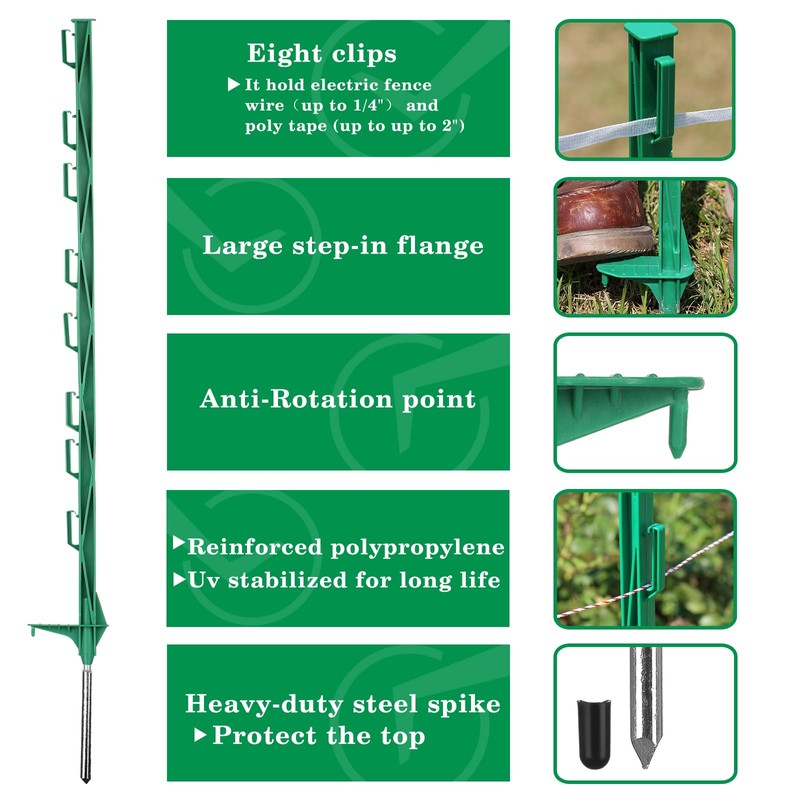 Zoiut 50 Pack Electric Fence Posts,48 Inch/4FT Step-in Plastic Posts