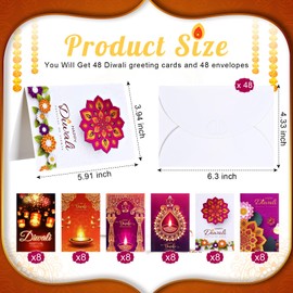 Motiskyy 48 Sets Happy Diwali Cards Diwali Greeting Cards Diwali Gift Lights Assortment Colorful Design Festival India Diwali Cars Lights with Diwali Wishes for Happy Diwali