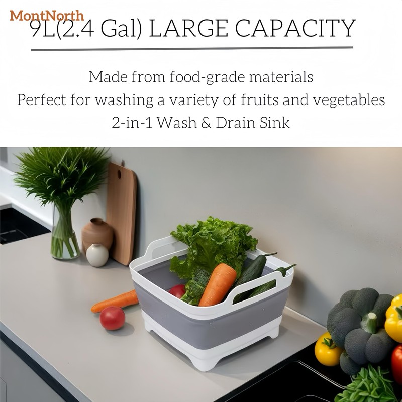 MontNorth Collapsible Wash Basin 9L, Foldable Dish Tub with Drain