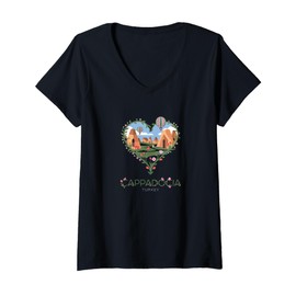 Womens Cappadocia Turkey Floral Heart - Turkish Lovers' Souvenir V-Neck T-Shirt