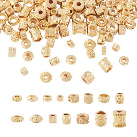 PH PandaHall 120 piezas de cuentas espaciadoras tibetanas doradas de 14K - 15 estilos de cuentas de aleación, columna cúbica, barril, flores, cuentas espaciadoras de metal para pulseras, aretes