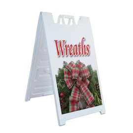 A-Frame Sidewalk Wreaths 24" x 36" Double Sided A-Frame Sidewalk Sign, Includes 2 Plastic Inserts | Foldable Portable White Signicade Sandwich Board Signs
