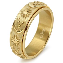 DURSI Sun Moon and Star Spinner Fidget Ring for Anxiety for Men Women Stainless Steel Rotating Engagement Wedding Band 8MM, 6, Metal, Sandstone