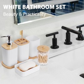 Bathroom Accessory Set - 10 Piece White Bathroom Sets Complete with Trash Can, Toothbrush Holder & Cup, Soap Dispenser, Soap Dish, Toilet Brush & Holder, Vanity Tray, Qtip Holder, Tissue Box Cover