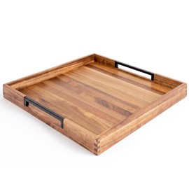 22" x 22" Large Square Acacia Wood Ottoman Tray with Extended Metal Handles, Oversized Decorative Serving Tray for Coffee Table, Ottoman, Breakfast in Bed & Living Room Decor
