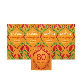 Pukka Herbs | Three Ginger Organic Herbal Tea | Ginger, Turmeric and Galangal | Perfect For After Meals |4 packs | 80 Sachets (Packaging May Vary)